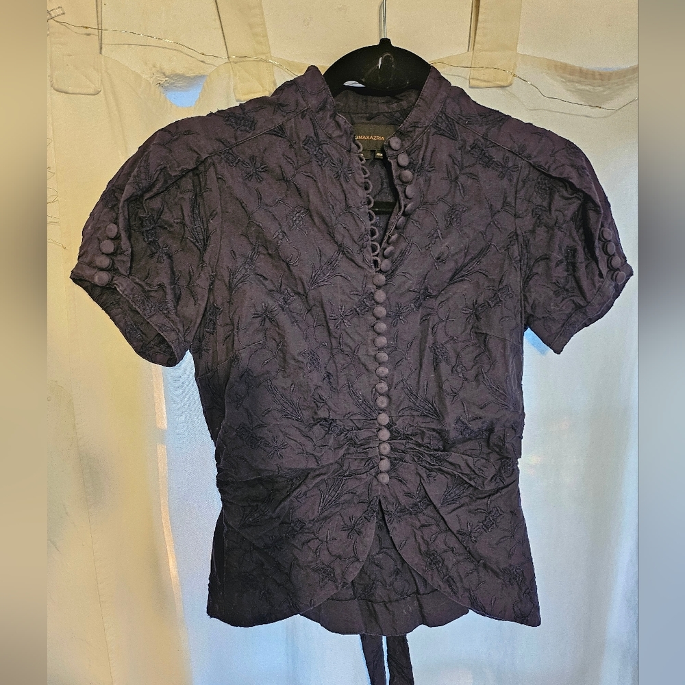 BCBGMaxAzria embroidered top with button detailing and tie